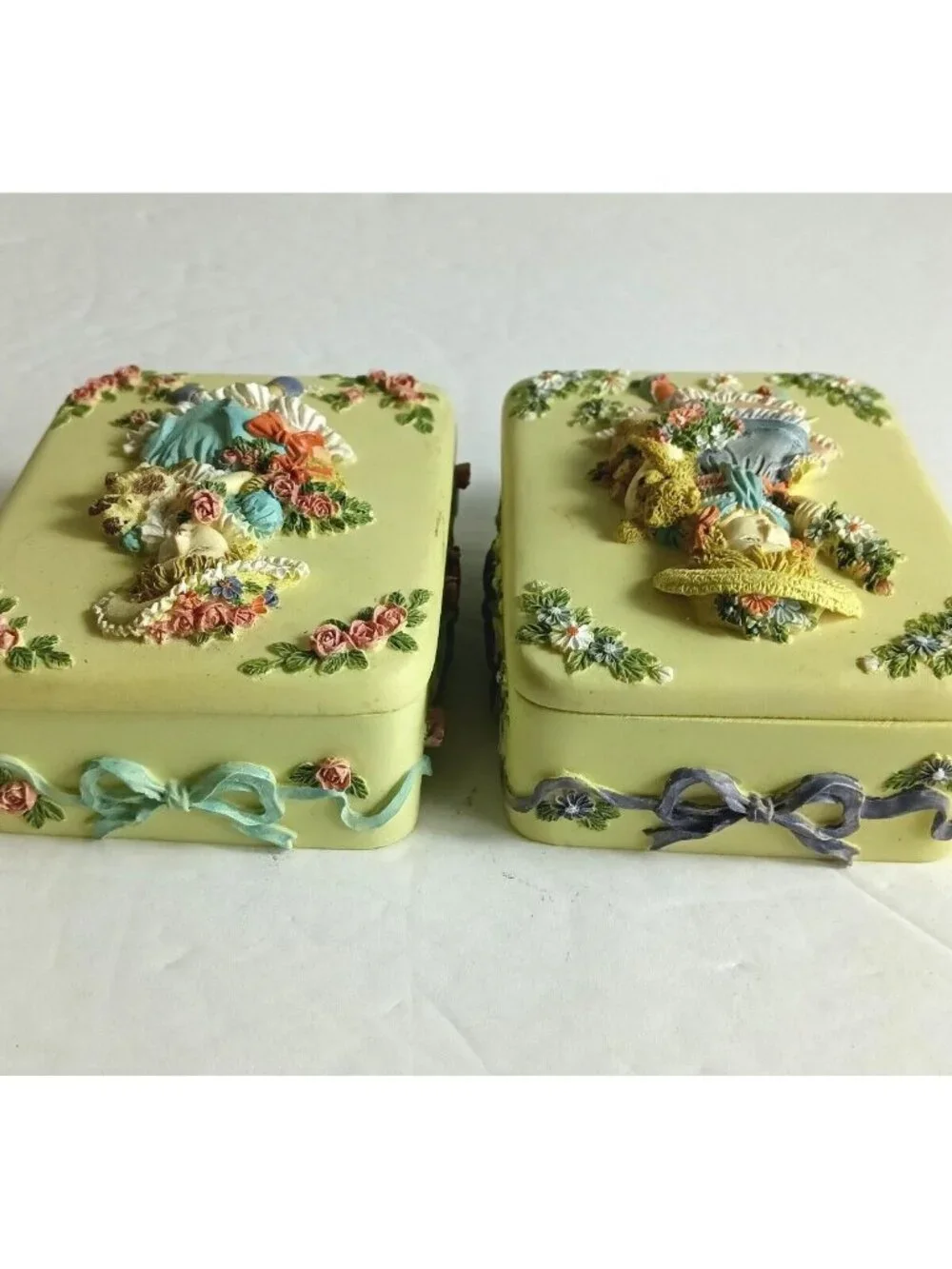 Pair of Vintage Yellow Rectangular Trinket Boxes with Raised Girl & Floral Desig